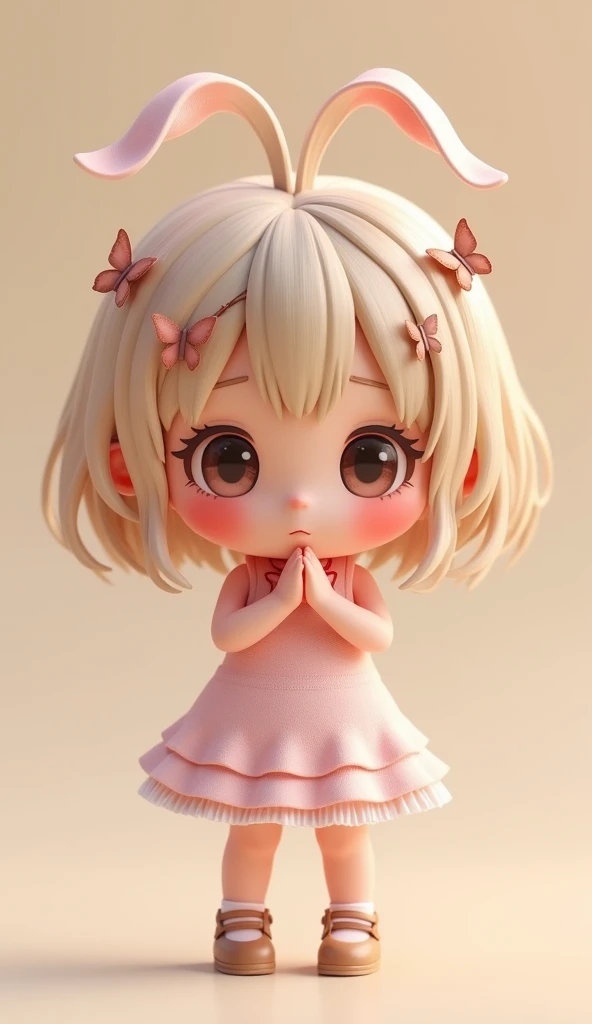  photoreal、Chibi Girl Doll（ embarrassed blushing smile、Standing pose、front、Personalization of butterflies、antenna、Cute Shoes、Cute hairpin、Center screen）