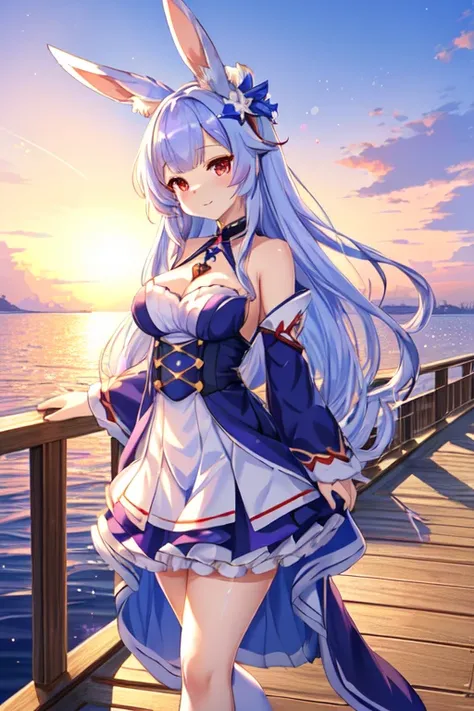 anime girl in bunny ears and a purple dress posing on a pier, seductive anime girl, from the azur lane videogame, , beautiful alluring anime woman, azur lane style, ayaka genshin impact, best anime 4k konachan wallpaper, beautiful anime girl, splash art an...