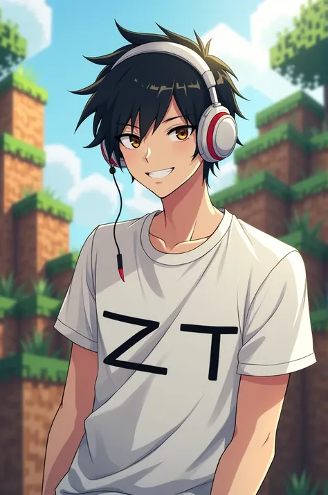 Bikinka fanart ,  character black haired guy ,wearing head phone , wearing white shirt with ZT lettering on chest, backgound render minecraft ,size 1280x1280