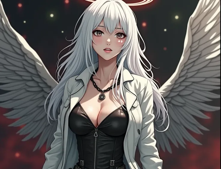 A striking anime-style digital artwork featuring a seductive female mercenary with angelic wings, standing triumphantly on the chest of a defeated man. Clad in a custom leather motorcycle jacket, she exudes fierce warrior energy, her eyes locked on the hor...