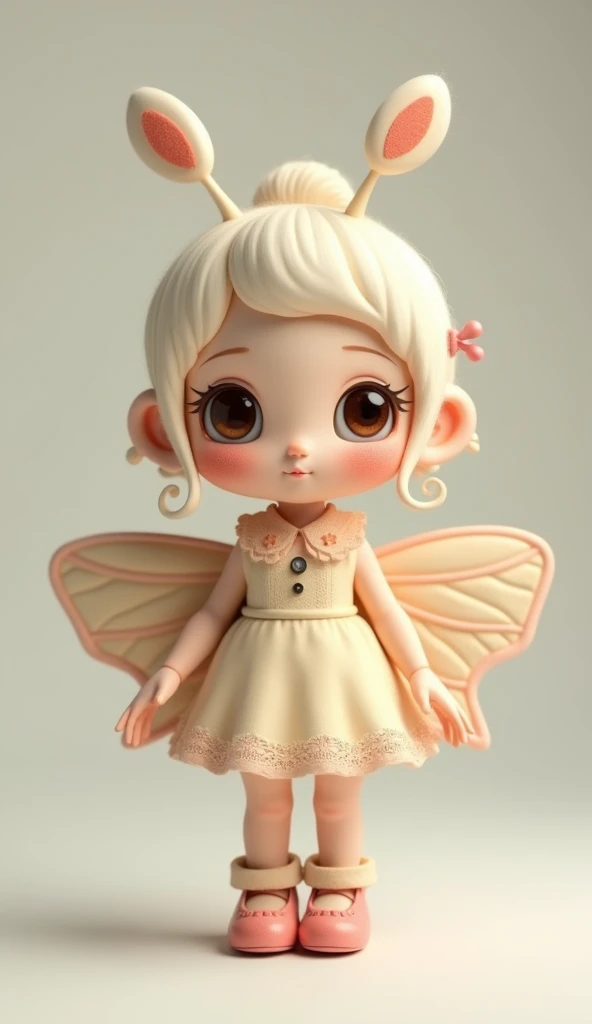  photoreal、Chibi Girl Doll（Embarrassed blushing smile、Standing pose、front、The personification of a moth 、antenna、Cute Shoes、Cute hairpin、 is placed in the center of the screen）