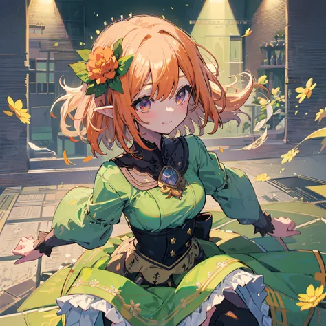 {{{One Girl}}}, Singing and dancing, festival, beautiful detailed girl, Elf Ears, Game CG, Yellow Flower, profile, One curl on the outside,  short bob hair, Pastel orange hair, Purple eyes,Accessory solo, Bust Up, Medium Shoot , woman, smile, Big Breasts,,...