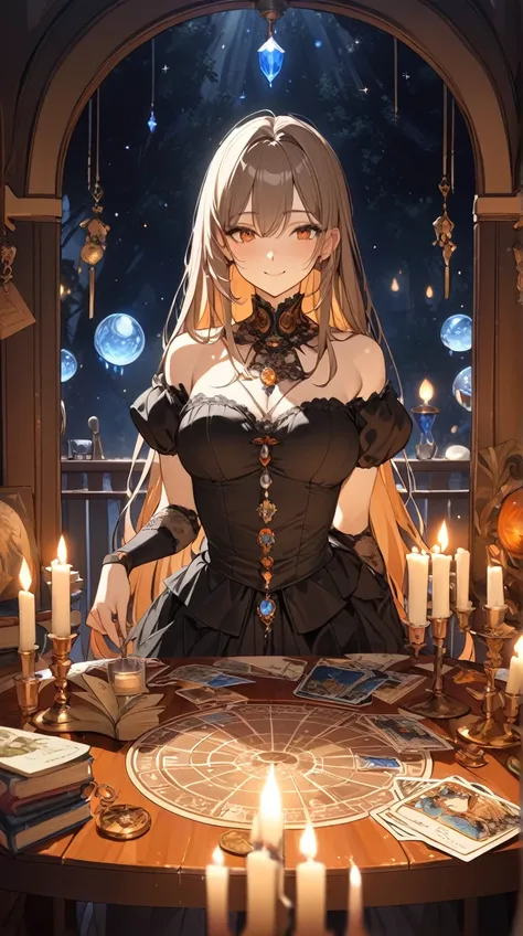 One Girl、Mysterious Smile、Sharp Eye、 Long Straight Hair 、 Victorian Style Dress、 Sitting at the Fortune Table 、Medium Breast、 Staring at the Crystal Ball 、 Exquisite Accessories 、  
   break、  
    grab a woman 、(Candlelight:1.2)、 warm orange 、Soft Shadows...