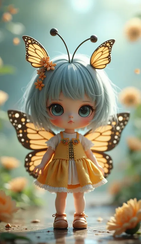  photoreal、Chibi Girl Doll（Embarrassed blushing smile、Standing pose、front、Morpho butterfly personification、antenna、Wings on the back、Cute Shoes、Cute hairpin、 is placed in the center of the screen）