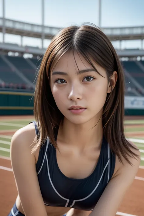 (Photorealistic:1.4), (Top Quality:1.0), (Ultra High Resolution:1.0), 8K, Natural outside lighting, (track-and-field stadium:1.4), Professional photograph, Very High Resolution, (Realism: 1.4), One Girl, Japanese, (superfine, fine detail), natural beautifu...