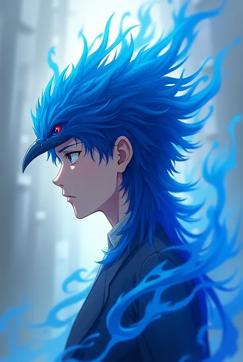 A young anime man with a head like a blue fire phoenix   