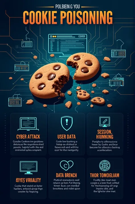 "Design a visually engaging cybersecurity poster focused on Cookie Poisoning. The poster should include elements like a broken or contaminated cookie to symbolize data tampering. Show hackers manipulating cookies to represent how they exploit vulnerabiliti...