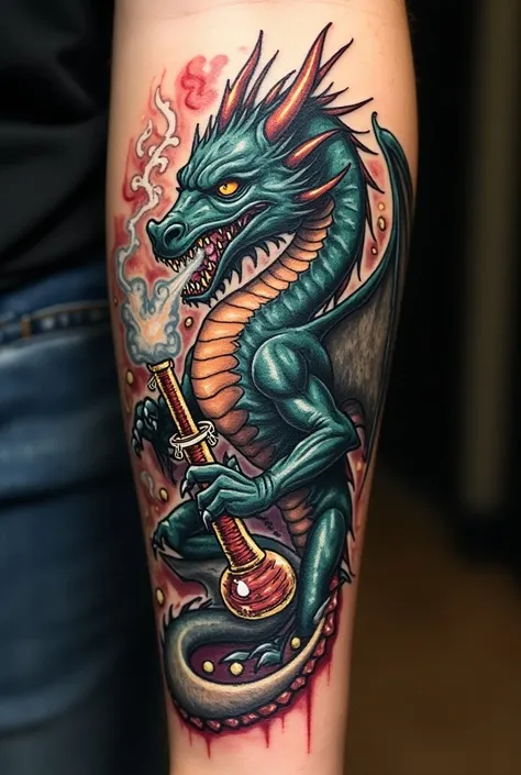  tattoo on the forearm of a dragon, Who smokes a bong   