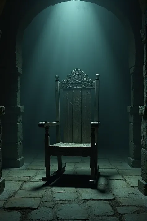 An ancient wooden chair in the middle of a dark room, slightly rocking back and forth as if someone invisible is sitting there. The atmosphere is tense and mysterious.