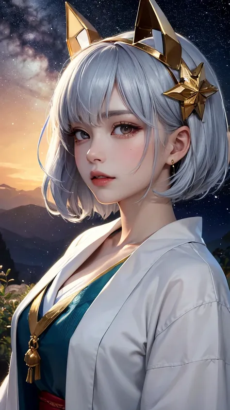 masterpiece，Best Quality，8k， Detailed Skin Texture，Detailed cloth texture，Beautifully detailed face， complicated details，Ultra-detailed，Portrait of Rei Ayanami，Silver Hair，Red colored eyes，Black headgear on head,Pixieカット，Shining Skin Hair Ornaments,Gold Ha...