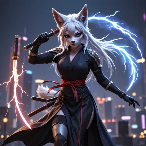 1 woman,   pure white hair, fox mask ,unmask,  black dress, have a sword,  battojutsu, full body  ,  dynamic movement , spell, l...