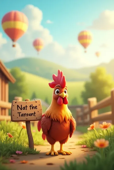 A cute mini rooster with a background with a farm , , balloons and a sign written on it Nat the tannant 