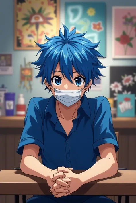 I want an anime boy looking at the camera wearing a blue shirt, a mask and blue hair and sitting on a chair in front of him with his two hands on the table. I want YouTube and he is in an anime room with pictures