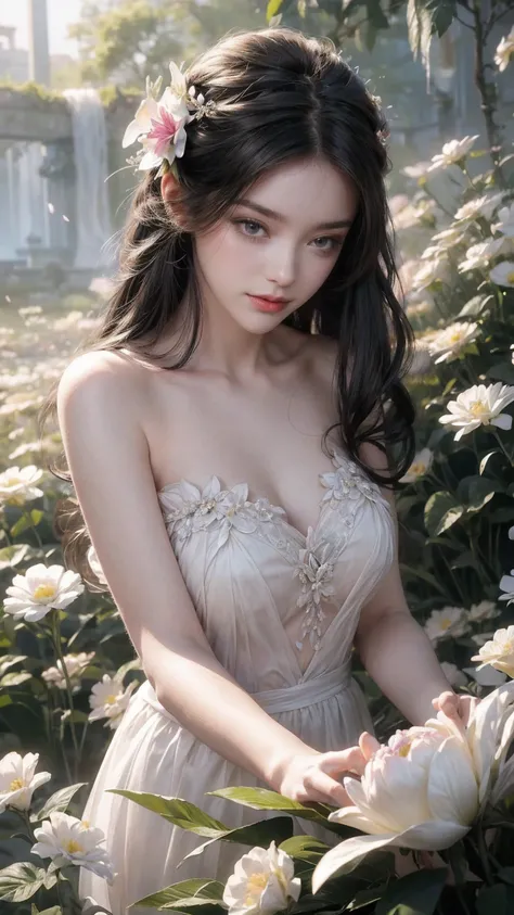 Close-up of a beautiful girl with a round face and a truly lovely innocent smile, long black hair. Surrounding the beautiful girl are giant flowers, blooming flowers, cold blooming flowers, advanced gray series, (1girl:1.5 ),giant flowers,from below,best q...