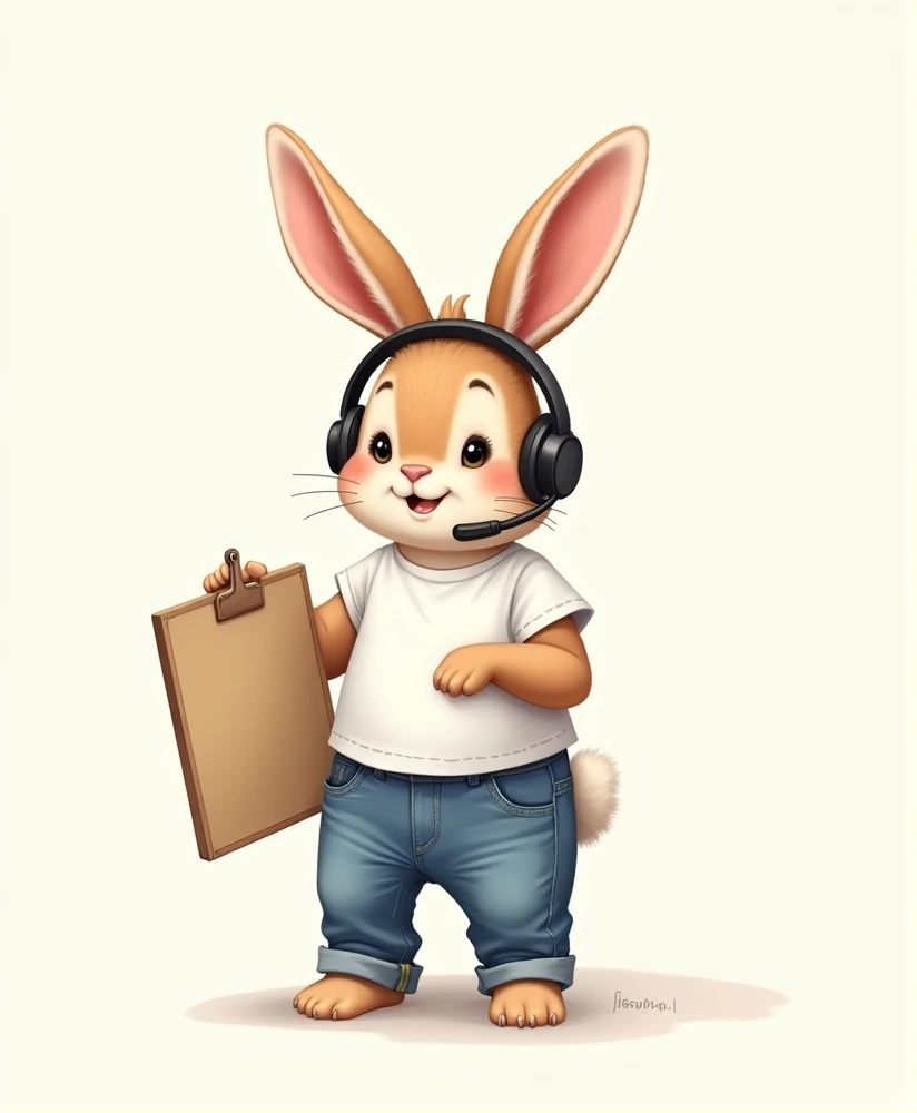 Drawing of a cute rabbit ,  wearing jeans and white t-shirt ,  wearing a headset and a drawing board in his hand.