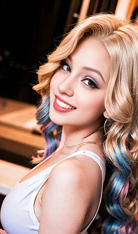 Beautiful girl with long rainbow hair , long rainbow hair , Trends at CG Society, Digital art, (Rostro Marilyn Monroe:0.9) beautiful blonde girl, modelo rainbow teen , Photo of a beautiful teenager , Nice smile , cute makeup , blue eye shadow , beautiful t...