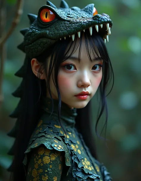 real photograph, A japanese young woman in a dark crocodile costume poses for a photo, inspired by ゴッホ, tumblr, gorgeous bikini model, anime Barbie doll, ultra-realistic cute owl girl inspired by akb48