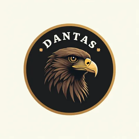 A logo with the name DANTAS on the front and the head of an Amazonian hawk with a gold border and a minimalist rounded edge in the background