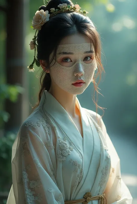 Beautiful woman wearing a Chinese hanfu mask that covers her entire face 