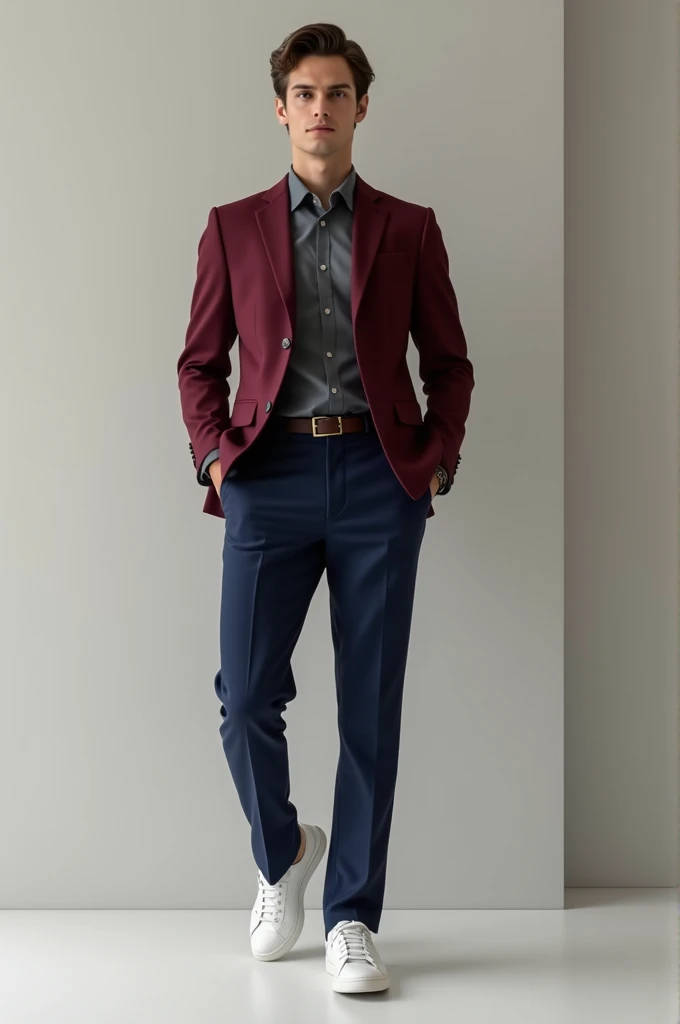 Maroon blazer + White sneakers + Charcoal gray shirt + sapphire dark blue trousers