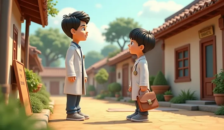 3d village and clinic and boys and doctors types image:
Ladka*  ne apne pita ke dost , ek doctor ko bulaya, jo unke saath clinic mein kaam karna shuru kiya.