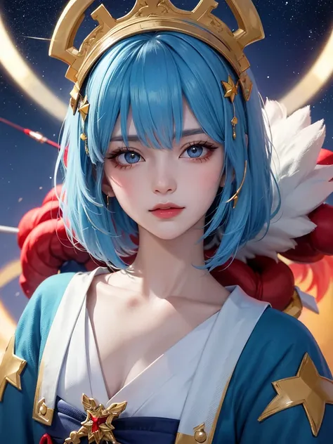 masterpiece，Best Quality，8k， Detailed Skin Texture，Detailed cloth texture，Beautifully detailed face， complicated details，Ultra-detailed，Portrait of Rei Ayanami，Blue Hair，Red colored eyes，Black headgear on head,Pixieカット，Shining Skin Hair Ornaments,Gold Hair...