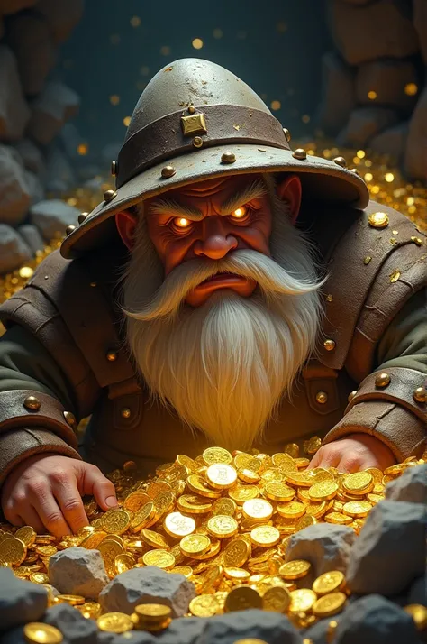 Angry Miner, a Dwarf with long white beards and with a hat, surrounded by gold coins, 