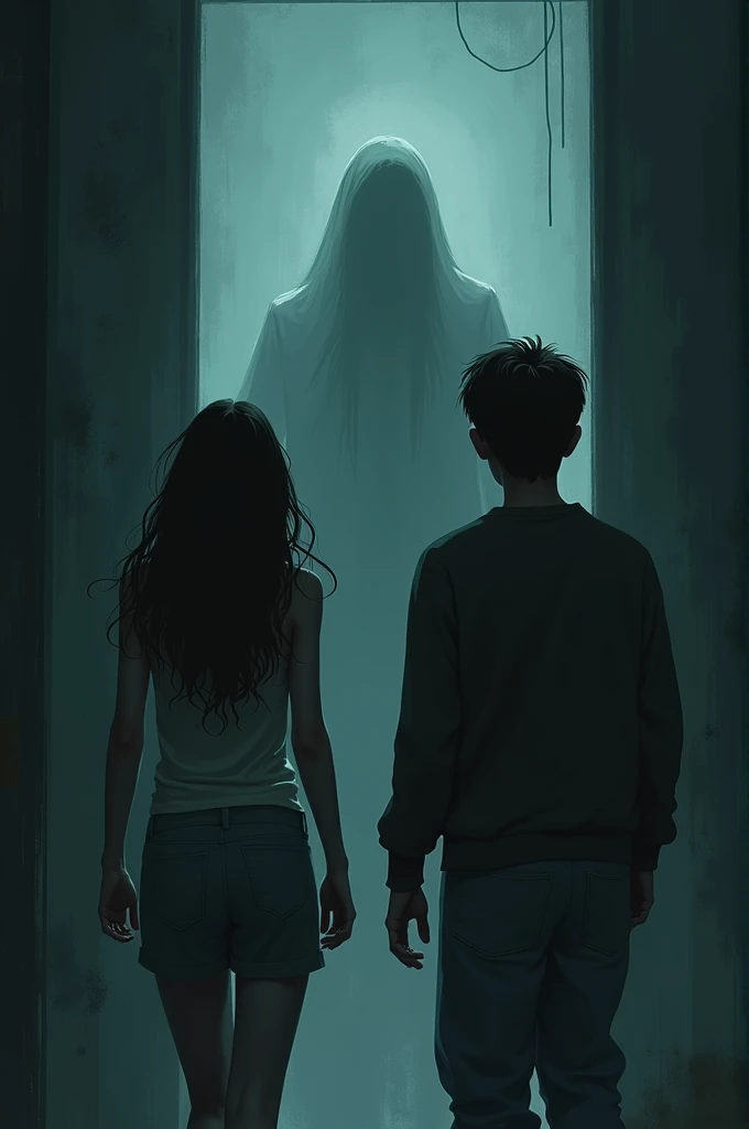 The moment when the two friends look back in terror, only to see the ghost standing right behind them. The ghost is faint and shadowy, adding a strong element of suspense.