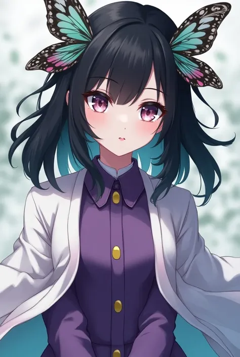 A girl in the demon slayer art style with pale skin, shoulder length black hair with curtain bangs, two green & pink butterfly ornaments et bith sides her head, large and pupiless gradient purple eyes that are slightly slanted too, and she wears the same c...