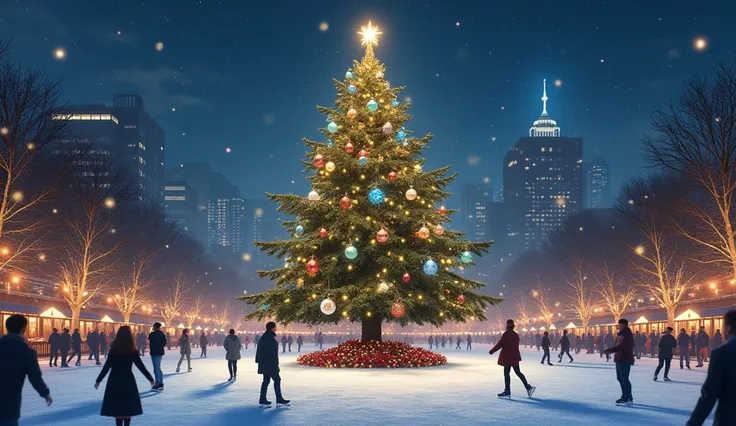 A Christmas tree with colorful ornaments and twinkling fairy lights, placed in the center of a busy city square, with people skating around a nearby ice rink under the night sky