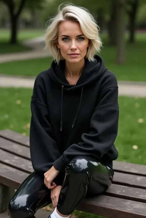 Short blonde hair 40 year old woman black hoodie shiny black liquid pvc plastic leggings white socks and black shoes setting on a bench in the park 