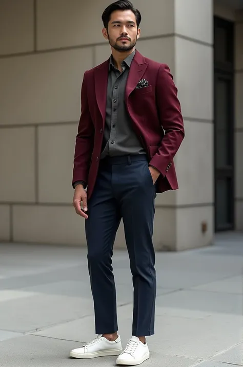 Maroon blazer + White sneakers + Charcoal gray shirt + midnight dark blue trousers