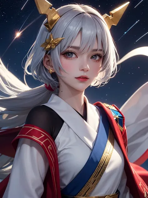 masterpiece，Best Quality，8k， Detailed Skin Texture，Detailed cloth texture，Beautifully detailed face， complicated details，Ultra-detailed，Portrait of Rei Ayanami，Gray Hair，Red colored eyes，Black headgear on head,Pixieカット，Shining Skin Hair Ornaments,Gold Hair...