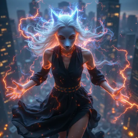 1 woman,   Pure White Hair, fox mask , Mask Open ,  Black dress set, Have a sword,  battojutsu, Full body  ,  stands on the skyline of a tall building,  dynamic movement , spell, Lightning Spray , RED LIGHTNING SPARKLE,  Blue Flame, Night Future City , 3d,...