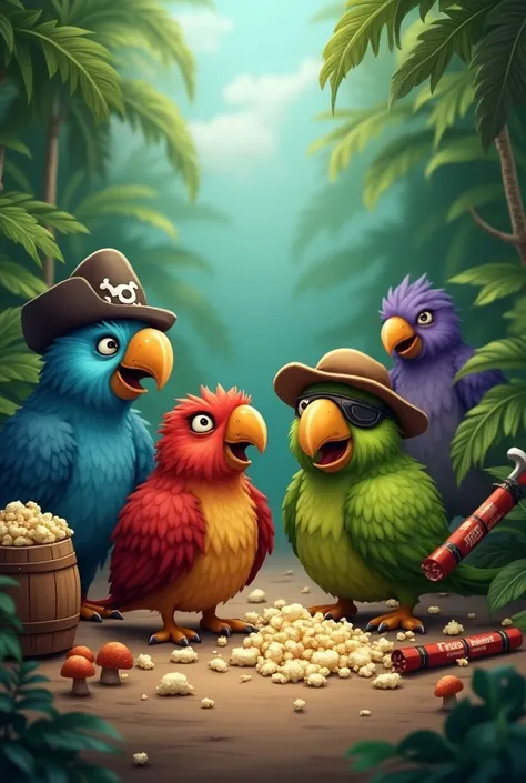 In the heart of a tropical jungle, four chubby, cartoonish parrots—each with a unique look—stand out in their prehistoric outfits. The blue parrot, with crossed eyes and a silly expression, looks completely goofy. The red parrot wears a pirate hat and has ...