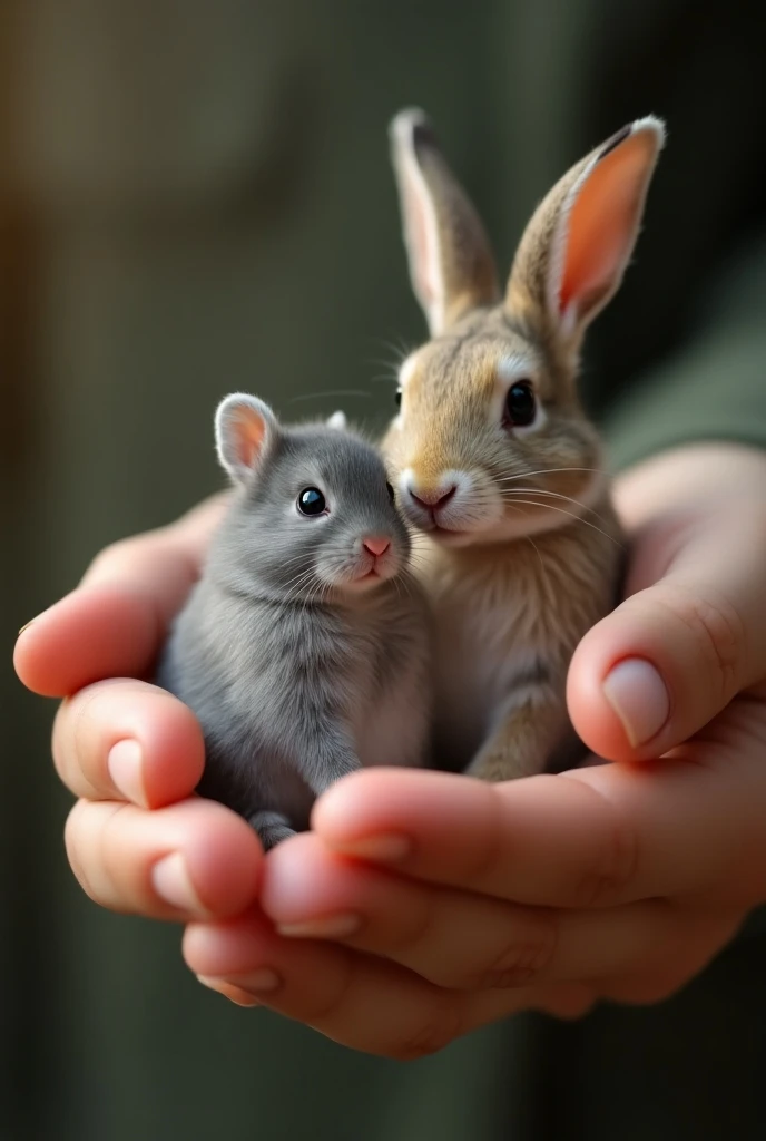 an even smaller gray mini hamster appears next to the rabbit."In the palm of your hand 