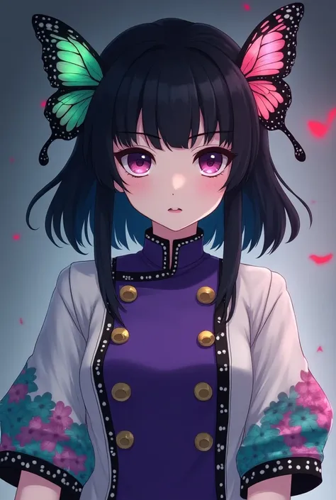 A girl in the demon slayer art style with pale skin, shoulder length black hair with curtain bangs, two green & pink butterfly ornaments et bith sides her head, large and pupiless gradient purple eyes that are slightly slanted too, and she wears the same c...