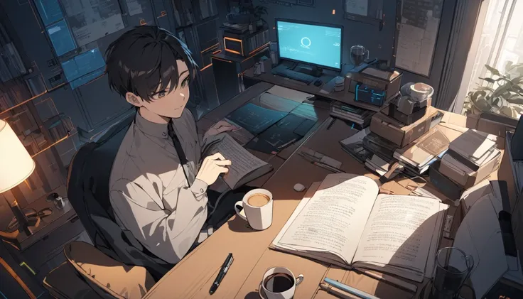 A young church preacher and leader in his twenties, studying, coffee, a cozy cyberpunk room, include a cross in the room, a relaxed atmosphere with music playing