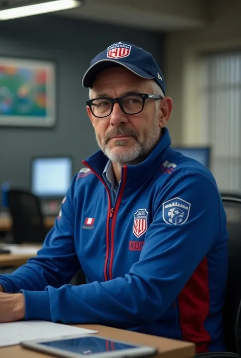 A man wearing black glasses and a cap in a soccer office wearing a blue and red team Lille jacket