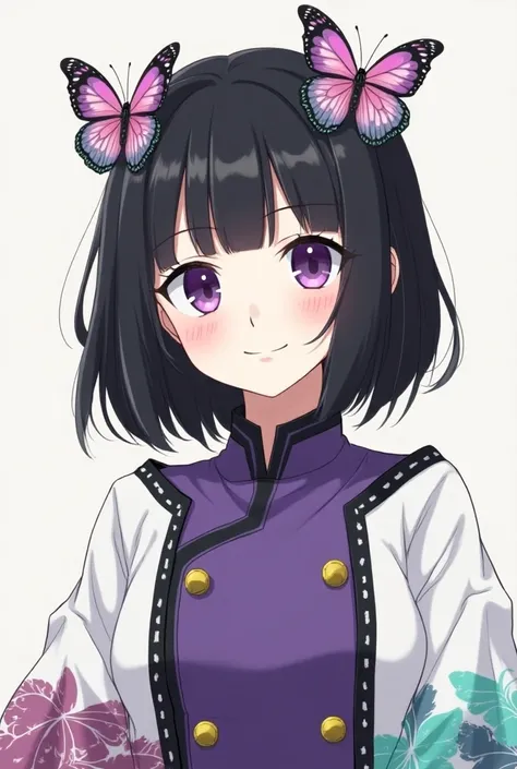 A girl in the demon slayer art style with pale skin, shoulder length black hair with curtain bangs, two butterfly ornaments et both sides her head colored pink with green. large and pupiless gradient purple eyes that are slightly slanted too, and she wears...