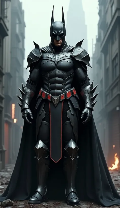  Imagine Batman wearing armor inspired by the Teutonic knights,  black with silver and red details .  He carries a huge cape with sharp edges ,  and his mask is reminiscent of a medieval helmet .  The scene in the background shows a dark and industrial Ber...