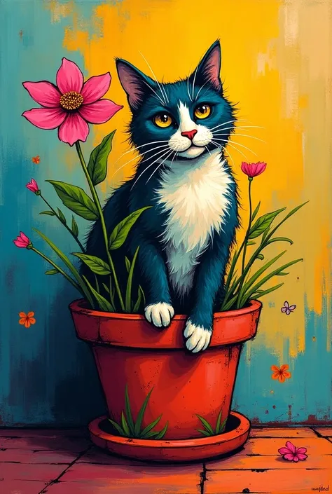 Advertising poster of a personalized flower pot with a cat painted using avant-garde expressionism techniques 