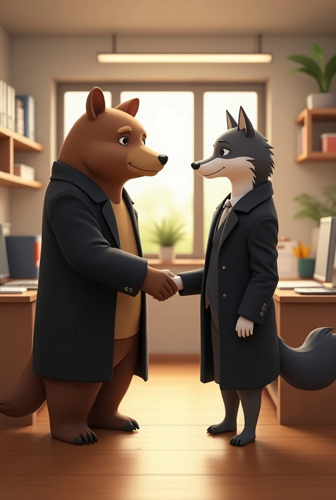 3D anime character, a brown bear wearing a black coat, is shaking hands with a wolf character wearing a black coat in the workroom