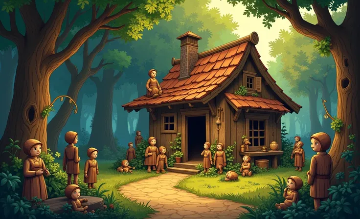 The house of the woodcarver, with wooden dolls around the house, is a hut in the thick, ruined forest, 18-19 centuries, atmosphere, 6pm, landscape, cartoon.