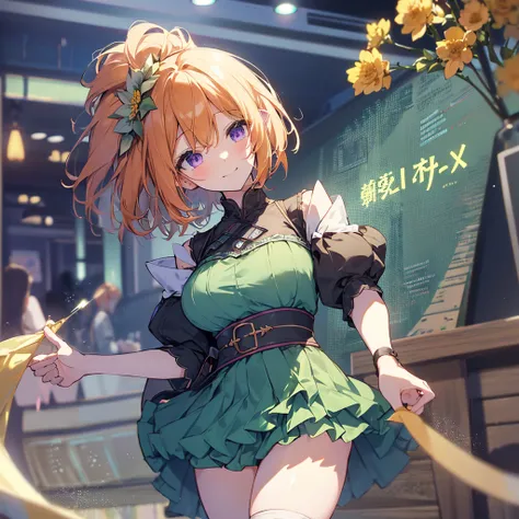 {{{One Girl}}}, Singing and dancing, festival, beautiful detailed girl, Elf Ears, Game CG, Yellow Flower, profile, One curl on the outside,  short bob hair, Pastel orange hair,  purple eyes,Accessory solo, Bust Up, Medium Shoot , woman, smile, Big Breasts,...