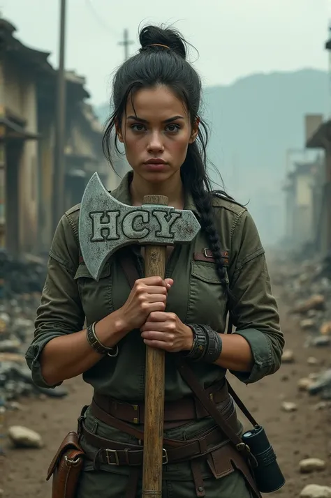 Woman with hair tied up carrying an axe engraved HCy with apocalyptic background 