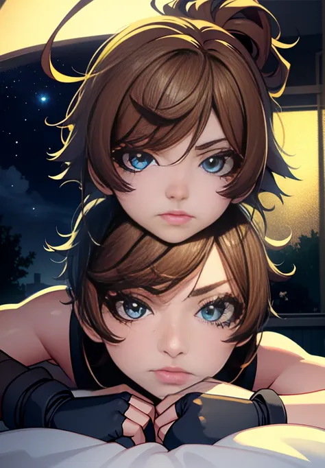 short hair, brown hair, yellow glowing eyes, perfect lips,sleepy look ,  ready to sleep, cute expression, cute face, laying in the bed, fingerless gloves, pillow, tank top, jacket, alert pose, ultra detailed face, long eyelashes, sharp eyes , Fullbody shot...