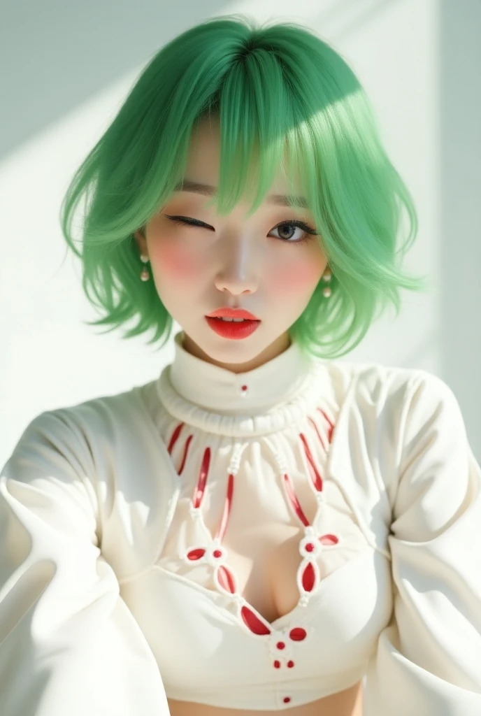 korean idol, Green hair, White clothes with red and winking.