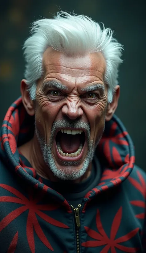 1man, handsome, american-european face, american-european person, middle-aged man, 52 year old, quiff sides and tape hairstyle, white hair, shining golden eyes, mad expression, show his animalistic fangs (mouth wide open), prominent muscular body, bloodbor...