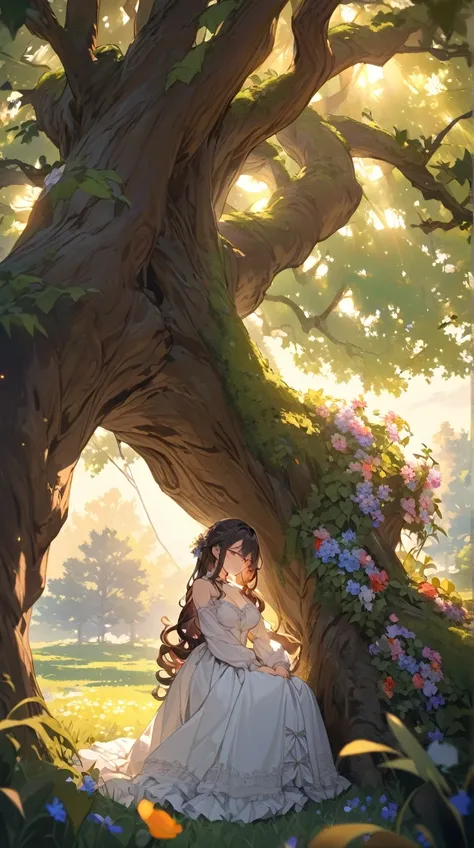 One Girl、 gentle expression、Soft Eyes、 long curly hair 、 Victorian Style Dress、 relaxing under a big tree during the day、Medium Breast、 attitude to enjoy nature 、  
   break、  
   Twilight Light、(Soft Light:1.2)、Warm shades、Gentle Shadows、Peaceful atmosphe...